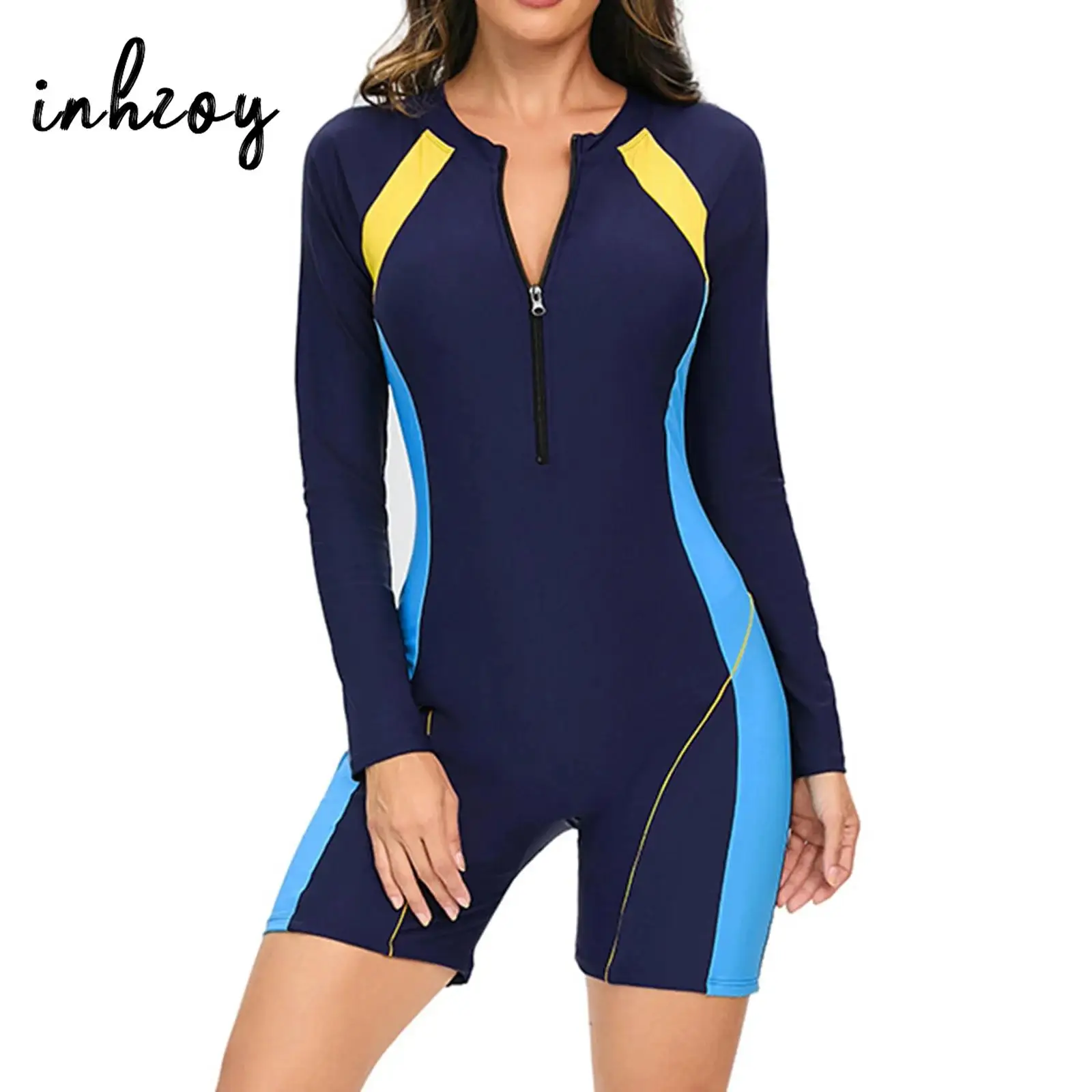 

Womens Long Sleeve Padded Front Zipper Rash Guard Swimsuit Color Block Patchwork Boyleg One Piece Athletic Swimwear Surf Wetsuit