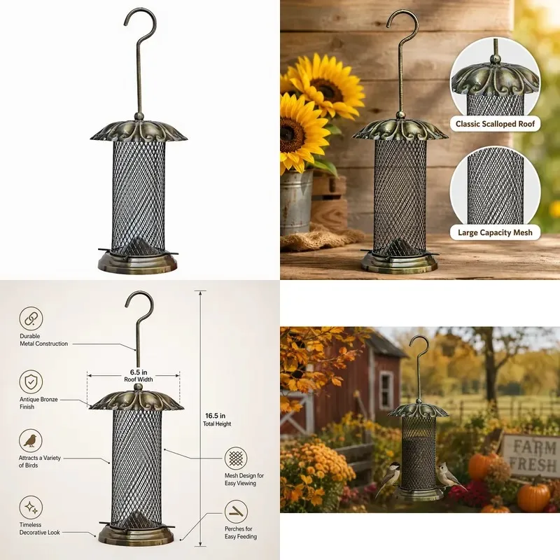 Antique Metal Mesh Bird Feeder Cage with Transparent Seed Tube Eco Friendly Design Hanging Hooks Domed Roof Perch for Outdoor