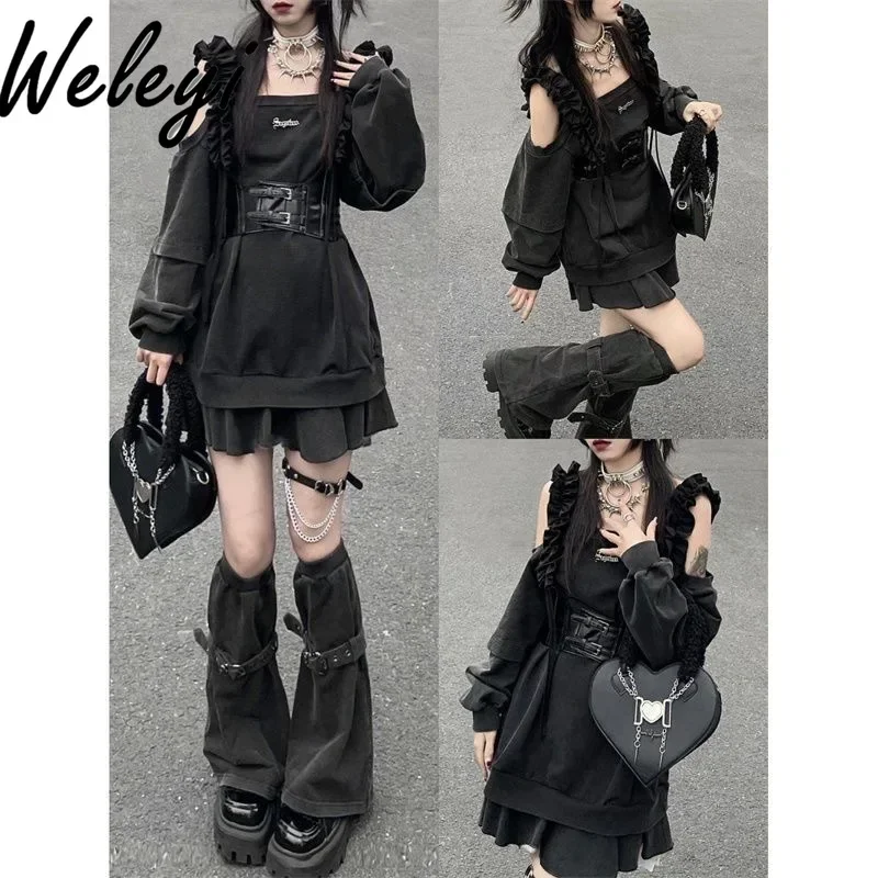 Harajuku Y2K Punk Loose Hoodies Dress Two Pieces Suit Women Socks Grey T-shirts Vestidos Long Sleeve College Girls Dresses Sets