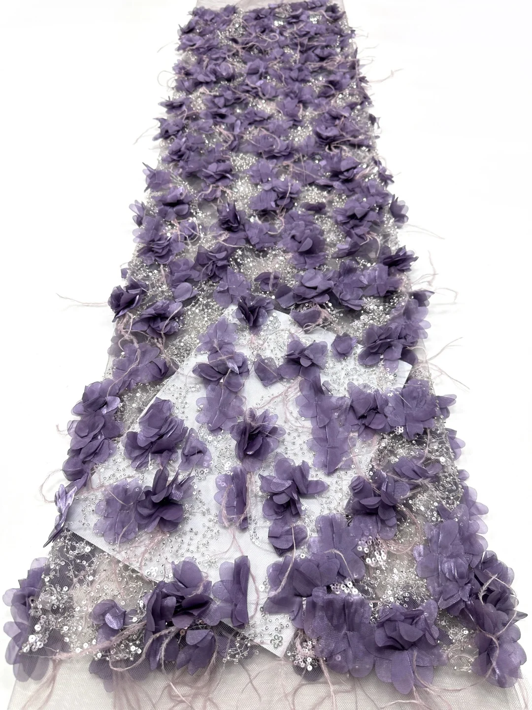 

High quality, Flowers 3D With Beads Embroidery French Tulle Net, African Nigeria Fabric, Evening Dresses Weddings, Party
