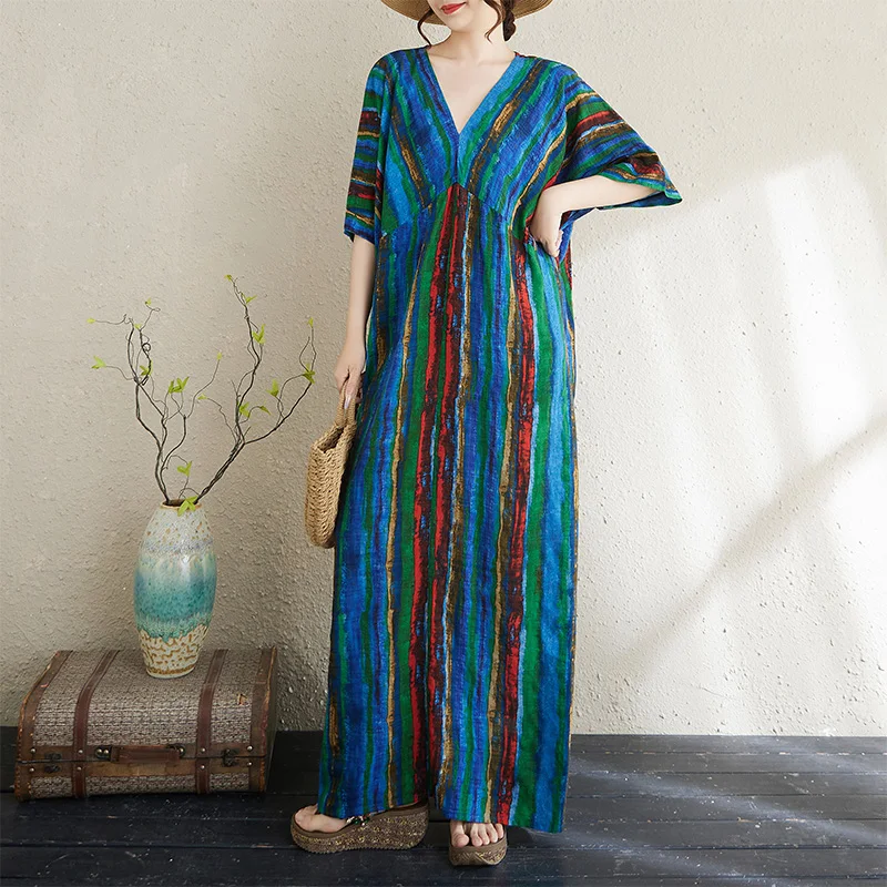 

Большие размеры V-Ne ort Sve Свободный крой для похудения из хлопка и льна с принтом Dr Женская летняя повседневная одежда Удобная дышащая одежда