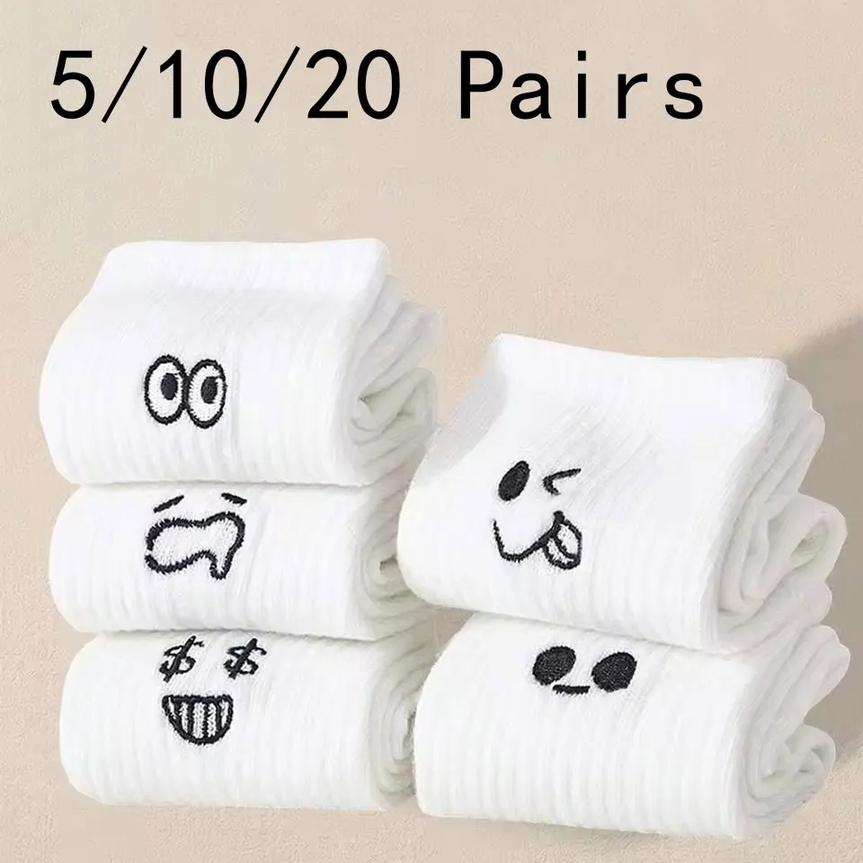 Chaussettes de dessin animé à col rond pour femmes et filles, chaussettes respirantes décontractées, motif d'expression mignonne, tube moyen, automne, 5 paires, 10/20 paires