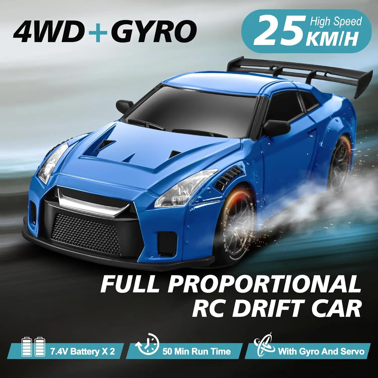 1:24 Full Proportional 4WD High-Speed RC Drift Car with Gyro, 25KM/H, LED Lights, Extra Racing Tires, Upgraded Version for Adults, Kids, Boys, Girls (Blue)
