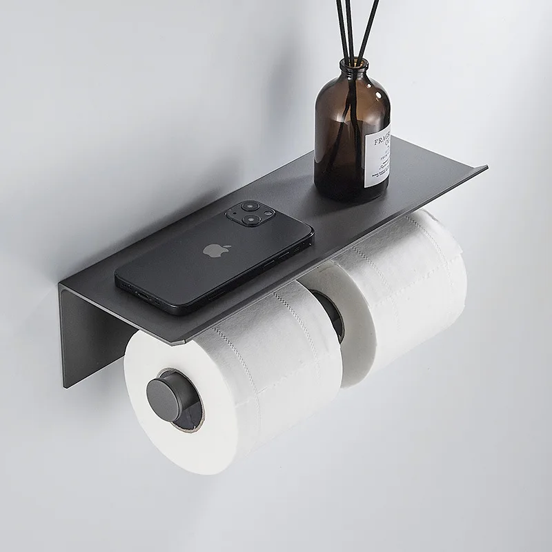 

Gray/Black Aluminum Bathroom Paper Towel Holder Toilet Roll Paper Wall Mount Phone Holder Shelf Towel Roll Shelf Accessories