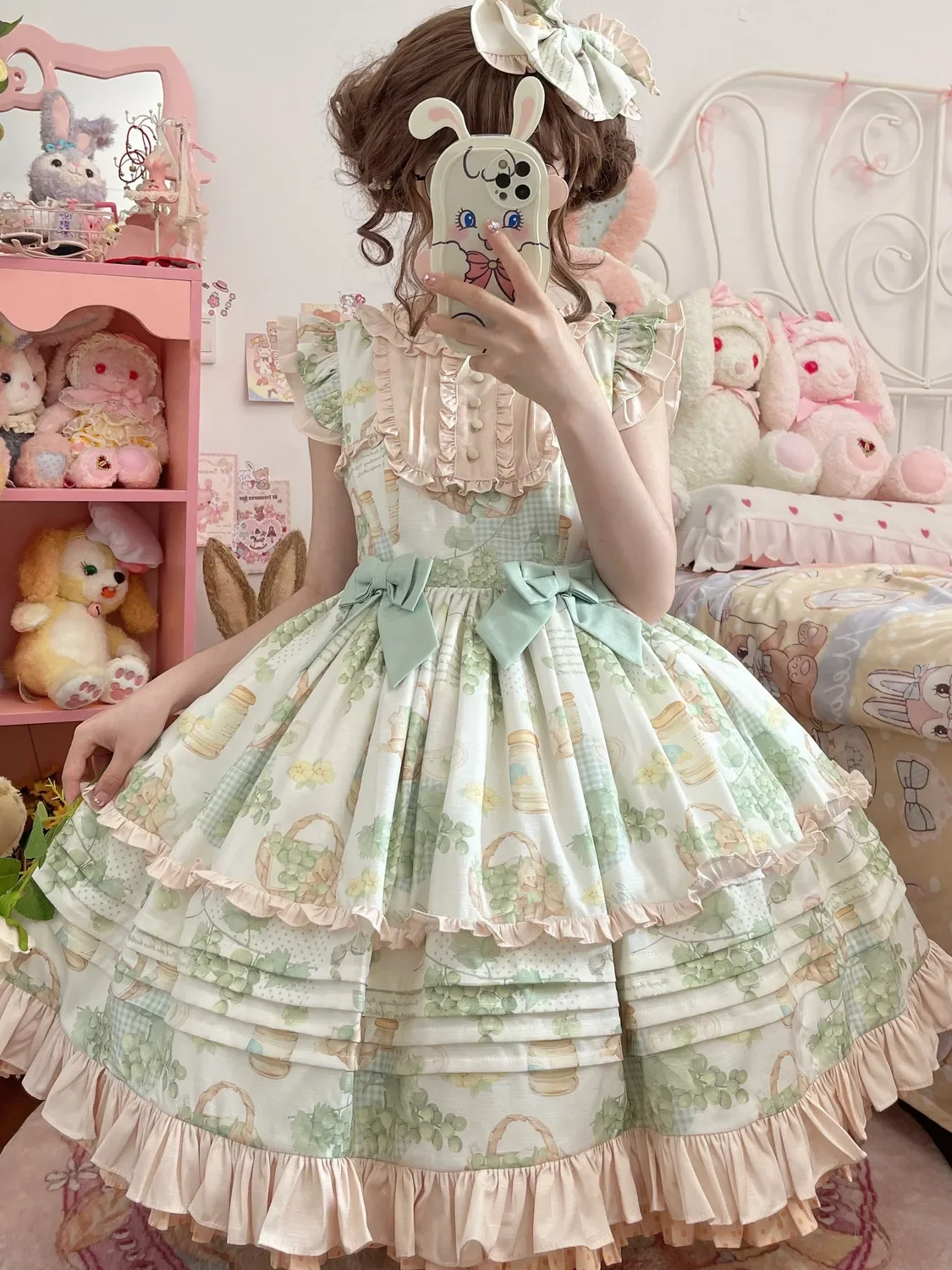 

Rural Style Fresh Lolita Jsk Dress Women Kawaii Summer Ruffle Grape Print Bandage Bow Trailing Princess Dresses Party Mini Dress