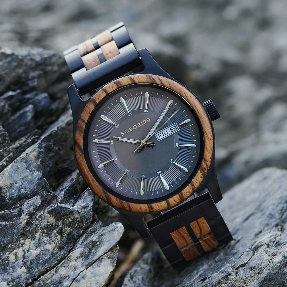 カスタムメンズ木製腕時計ファッションクロノグラフクォーツスポーツ腕時計時計ボボバードクルミ木製腕時計男性ドロップシッピング