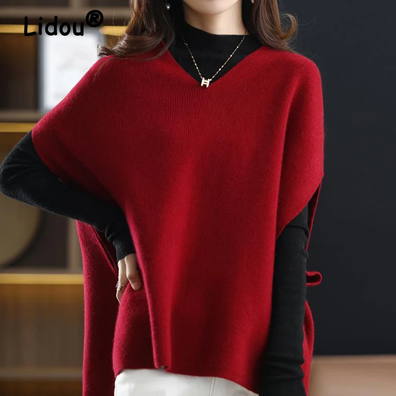 Pullovers Elegant Fashion Sleeveless Batwing Sleeve V-Neck Loose Warm Solid Knitted Tops Spring Autumn 2022 New Women\'s Sweater