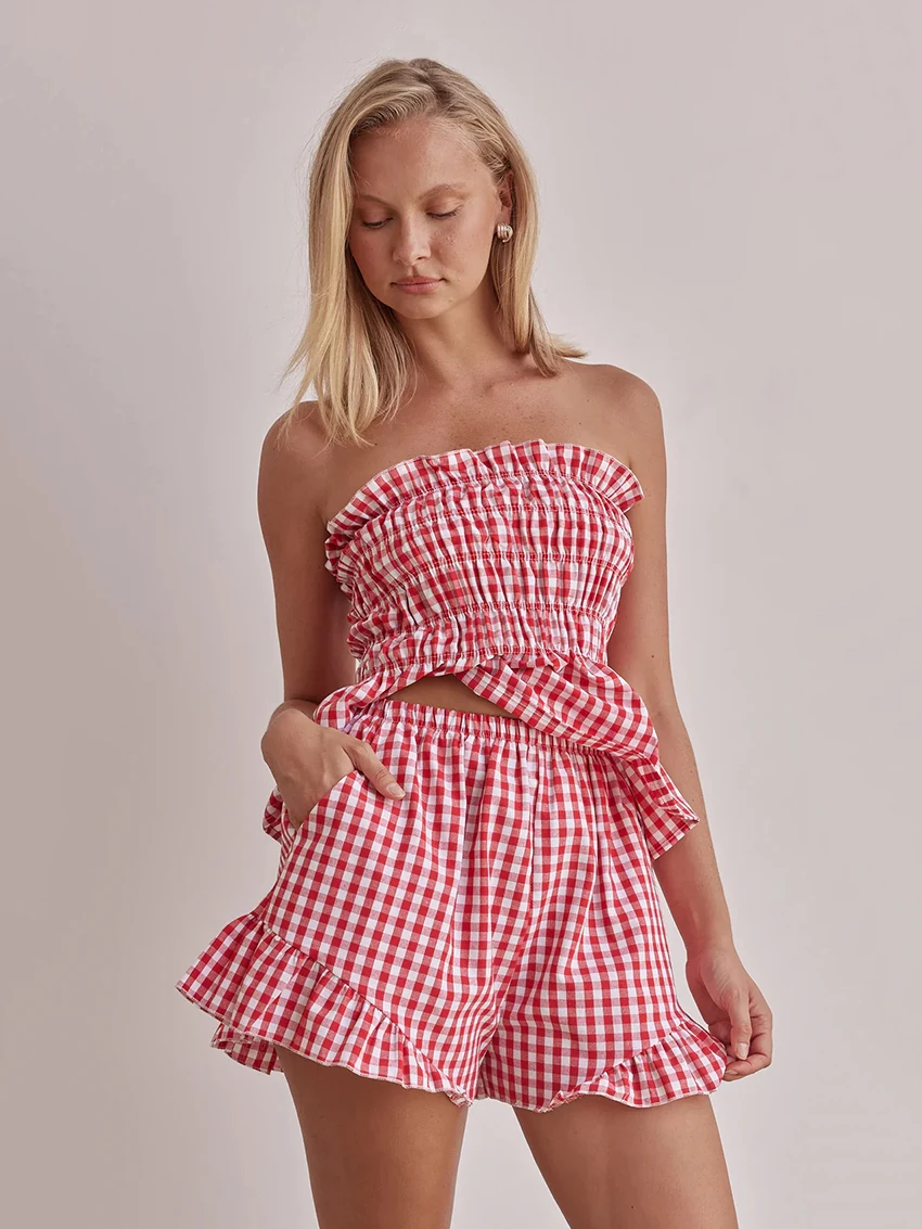 Marthaqiqi Plaid Female Pajama Suit Tank Tops Sleepwear Backless Nightgown Sleeveless Nightwear Shorts casual Home Clothes women