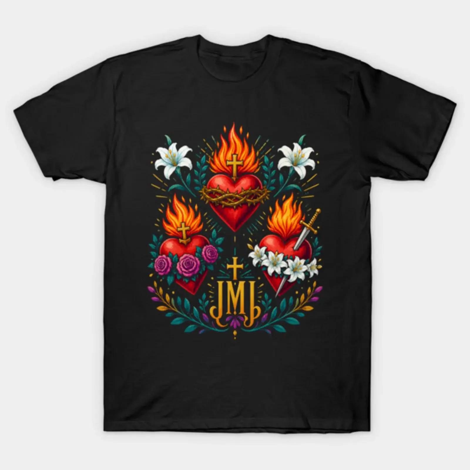 Sacred Hearts Floral Catholic Devotional Art T-Shirt im Vintage-Stil, gewaschene Designerkleidung, atmungsaktiv, Unisex, dehnbar, lässig
