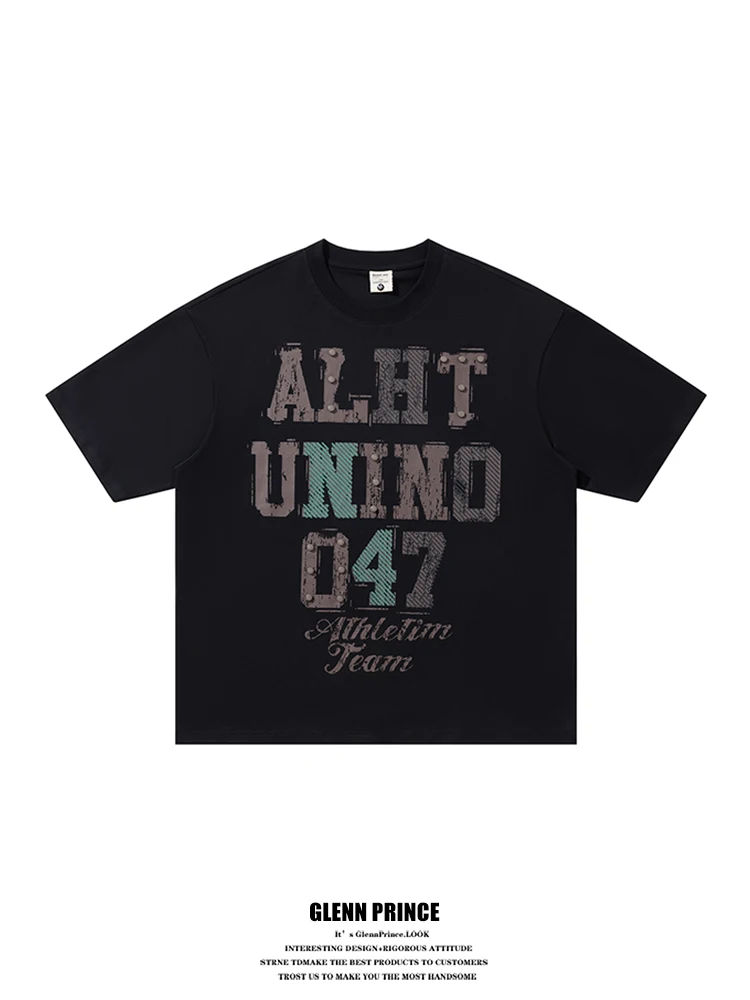 

Мужская летняя футболка GPstudio American High Street в стиле рустик с принтом букв и заклепками, свободного кроя, с круглым вырезом, из хлопка