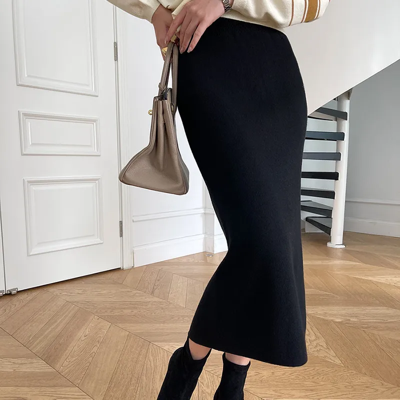 

Autumn Winter Warm Women Knitted Skirt Ladies Casual Stretchable Skirts High Waist Female Office Elegant Long Soft Elastic Skirt