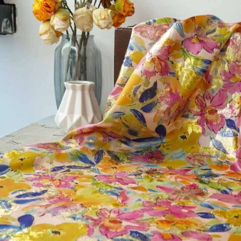 L100cm X W145cm Womens Dress Home Summer Floral Print Bright Watercolor Spring New Arrival Fashion Woven Jacquard Gold Thread