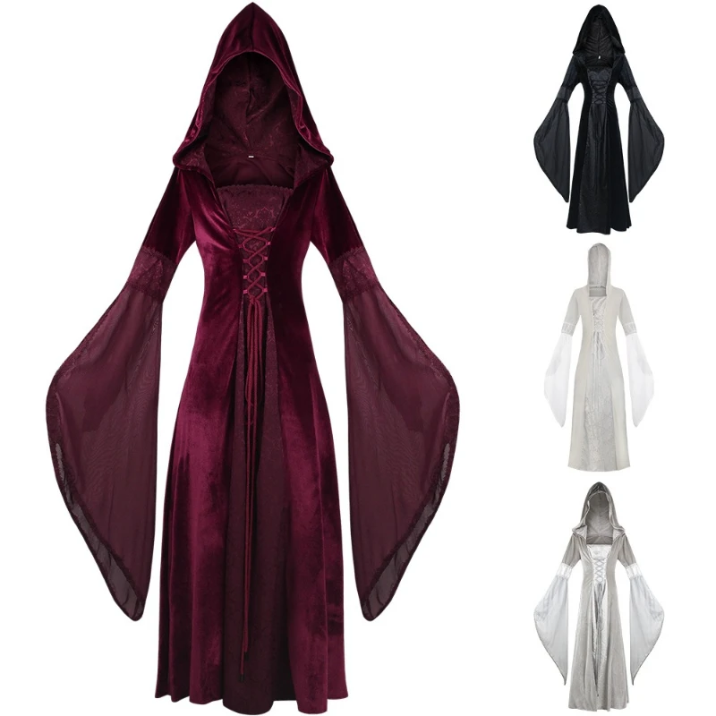 

Hooded Long Dress Cosplay Costume, Medieval Retro Style 4-Color Hooded Corset Dress, Role Play Ball Stage Performance Fancy