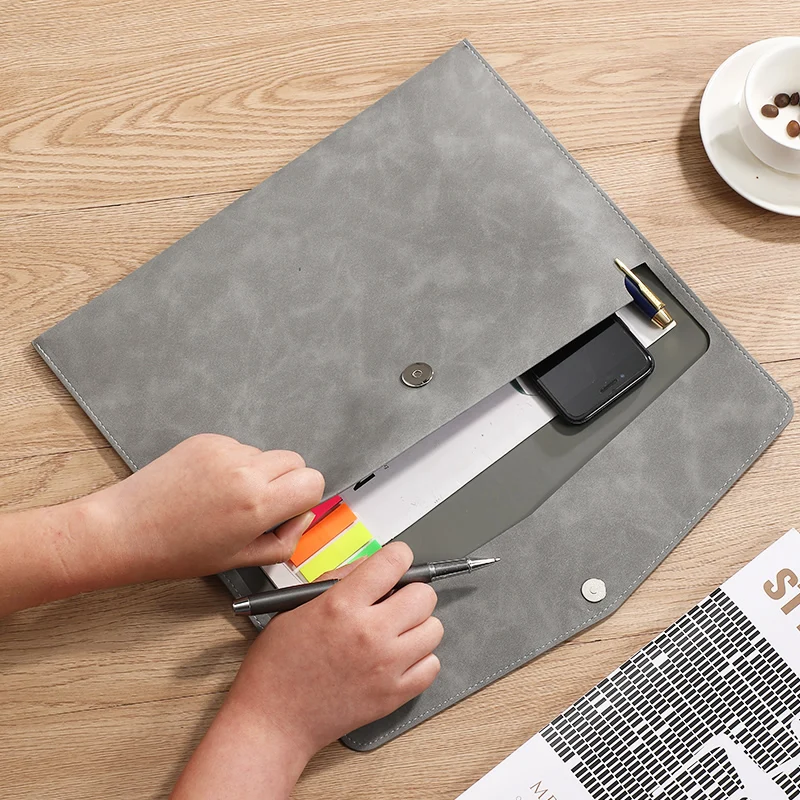 Porte-documents A4 en cuir PU avec emplacement pour stylo, fermeture à pression métallique, classeur de documents, organiseur de rangement pour papiers de bureau