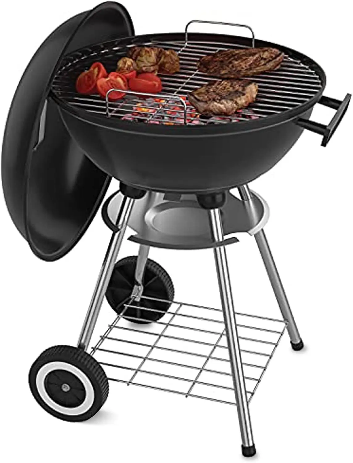 

18 Inch Portable Charcoal Grill with 4 Legs and Wheels Outdoor Cooking Barbecue Camping BBQ Coal Kettle Grill Patio Backyard