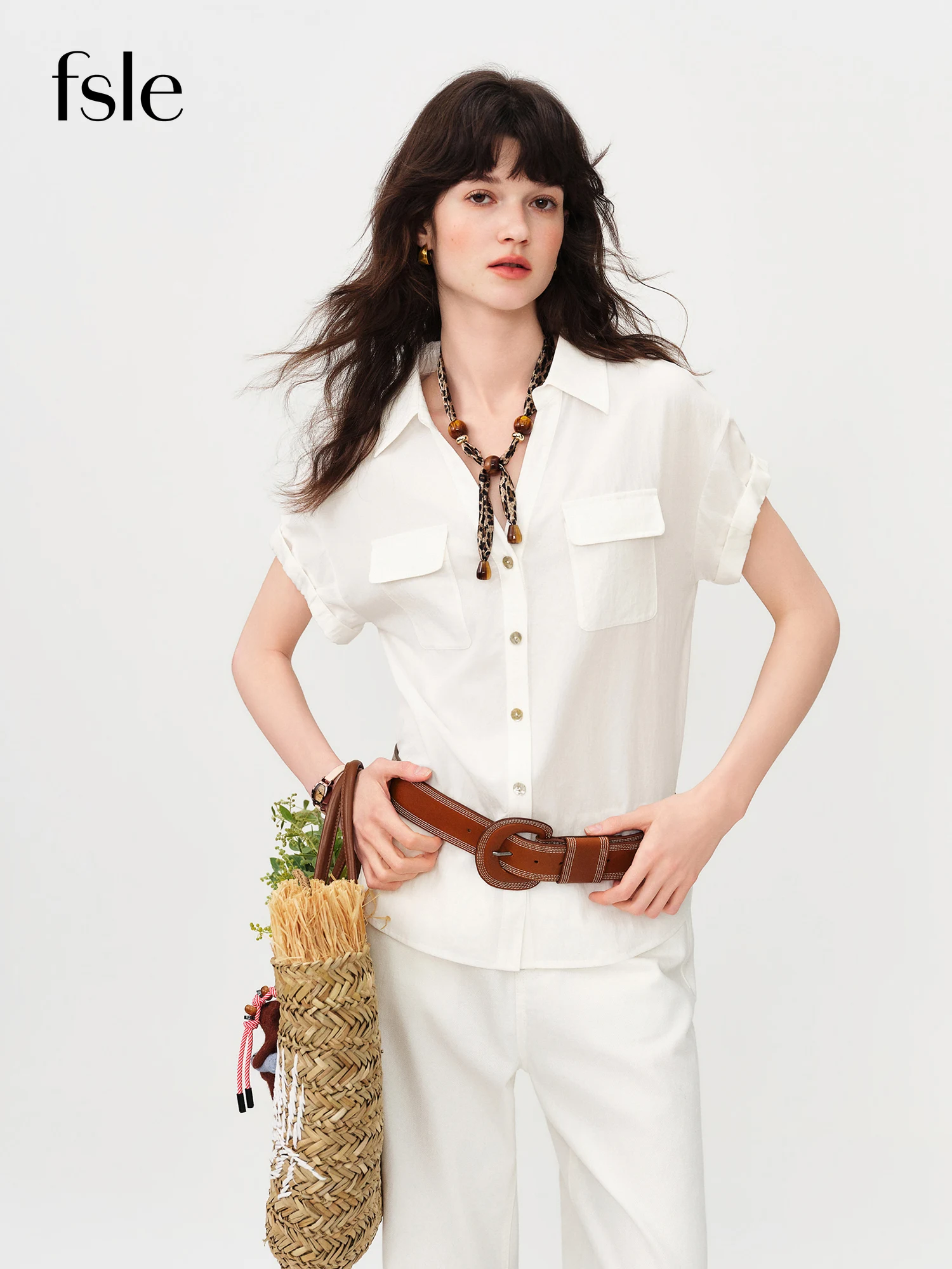 FSLE Breathable Lyocell Blend Flowy Turn-Up V-Neck Cuffed Short Sleeve Shirt for Women Tops: Summer 2026 New Arrival Shirts