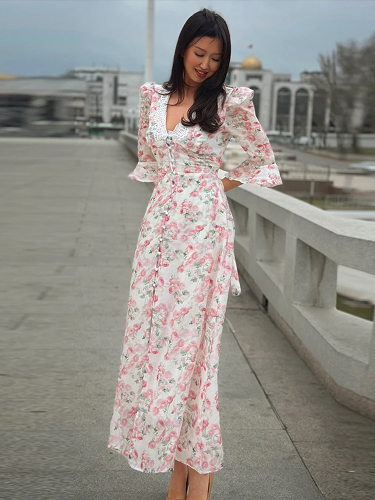 Floral Print Maxi Dress V-Neck Lace Trim Puff Sleeve Slit 2026 Spring Summer Boho Beach Vacation Wedding Guest Party Women Dress