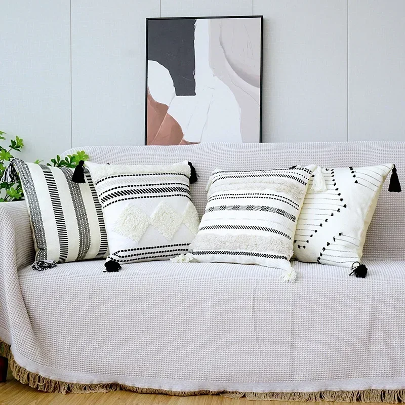 Jacquard Stripe Sofa Pillow Cover Bedside Geometric Hemp Thread Crochet Throw Pillowcase Home Living Room Decorative Pillowcase