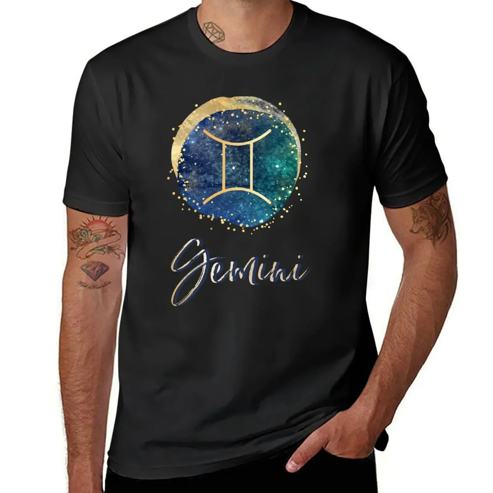 

Gemini Zodiac sign Gold & Blue Galaxy T-Shirt baggy shirts summer tops anime stuff mens champion t shirts