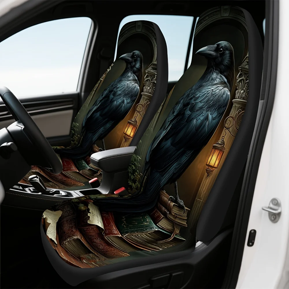 2pcs Gothic Raven & Books Car Seat Covers - Dark Fantasy Design With Raven & Book Spine Art, Fit For Single Front Seats, Durable