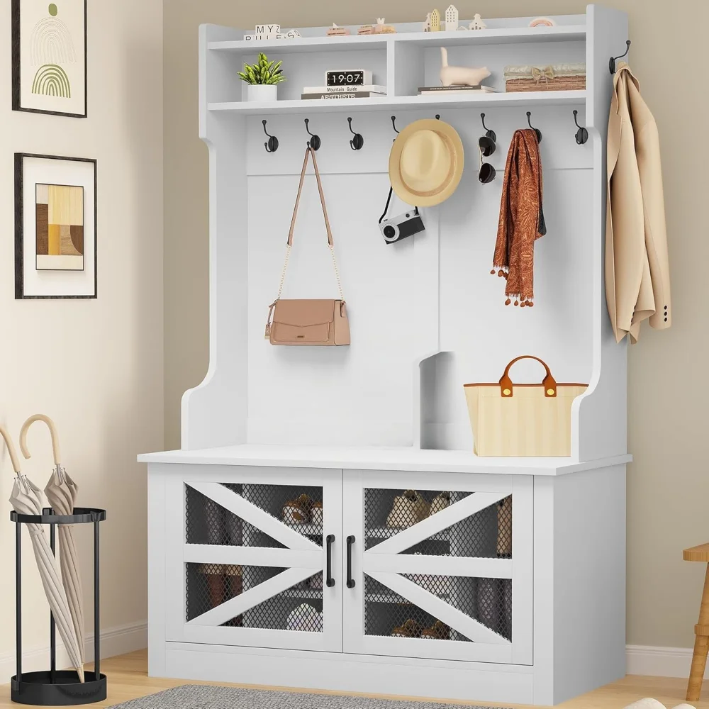 

Farmhouse Hall Tree, Entryway Bench with Coat Rack and Shoe Storage, Freestanding Bench for Entryway Hallway, White