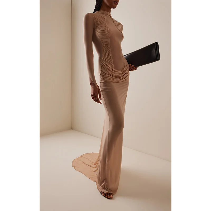 

Новинка: Женское вечернее платье макси из тюля с драпировкой, круглым вырезом, длинными рукавами и шлейфом