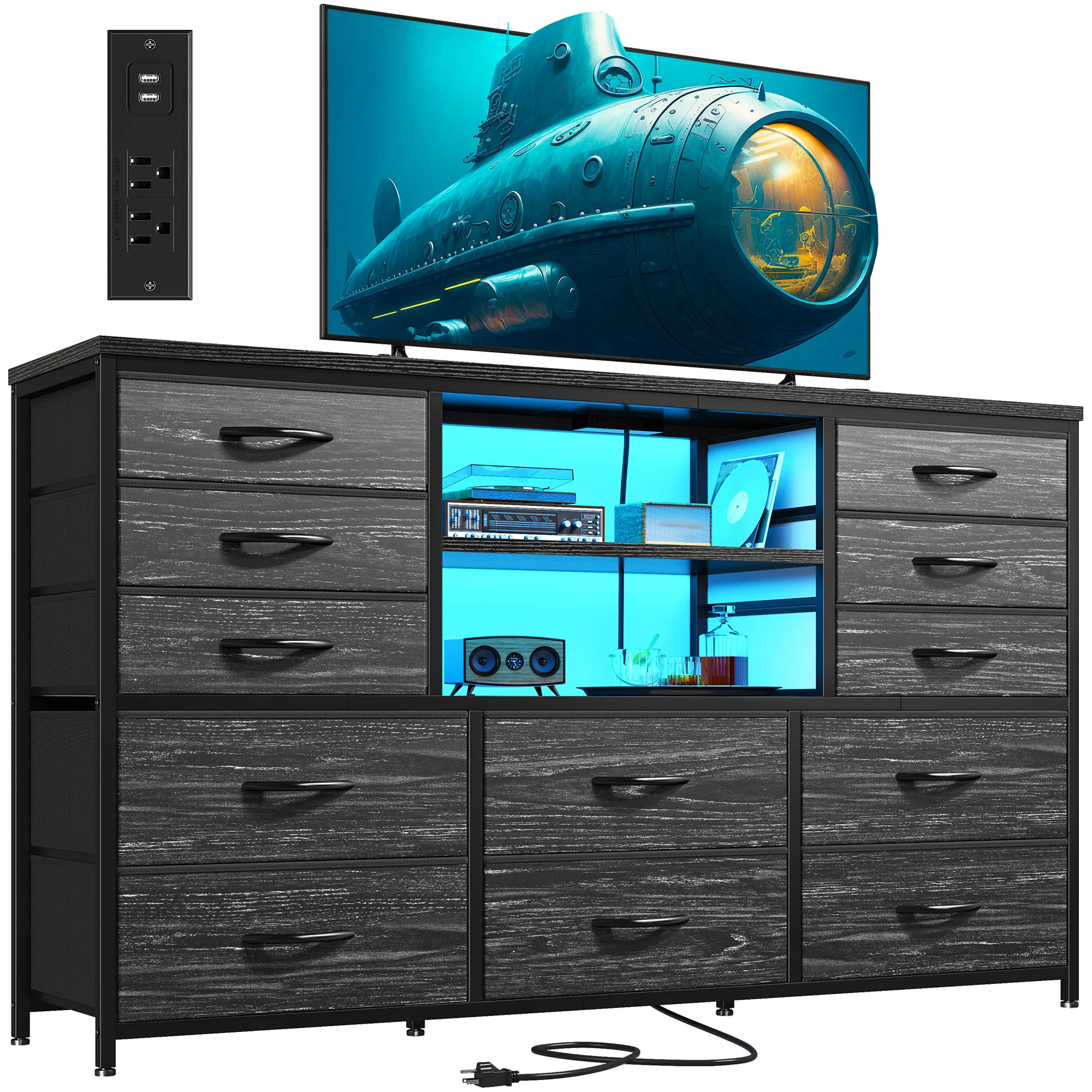 Dresser for Bedroom with LED Lights & Charging Station 12 Drawers TV Stand for 55-60 Inch TVs, Deep Fabric Storage Cabinet with 3 Wooden Shelves for Entertainment Center,Black