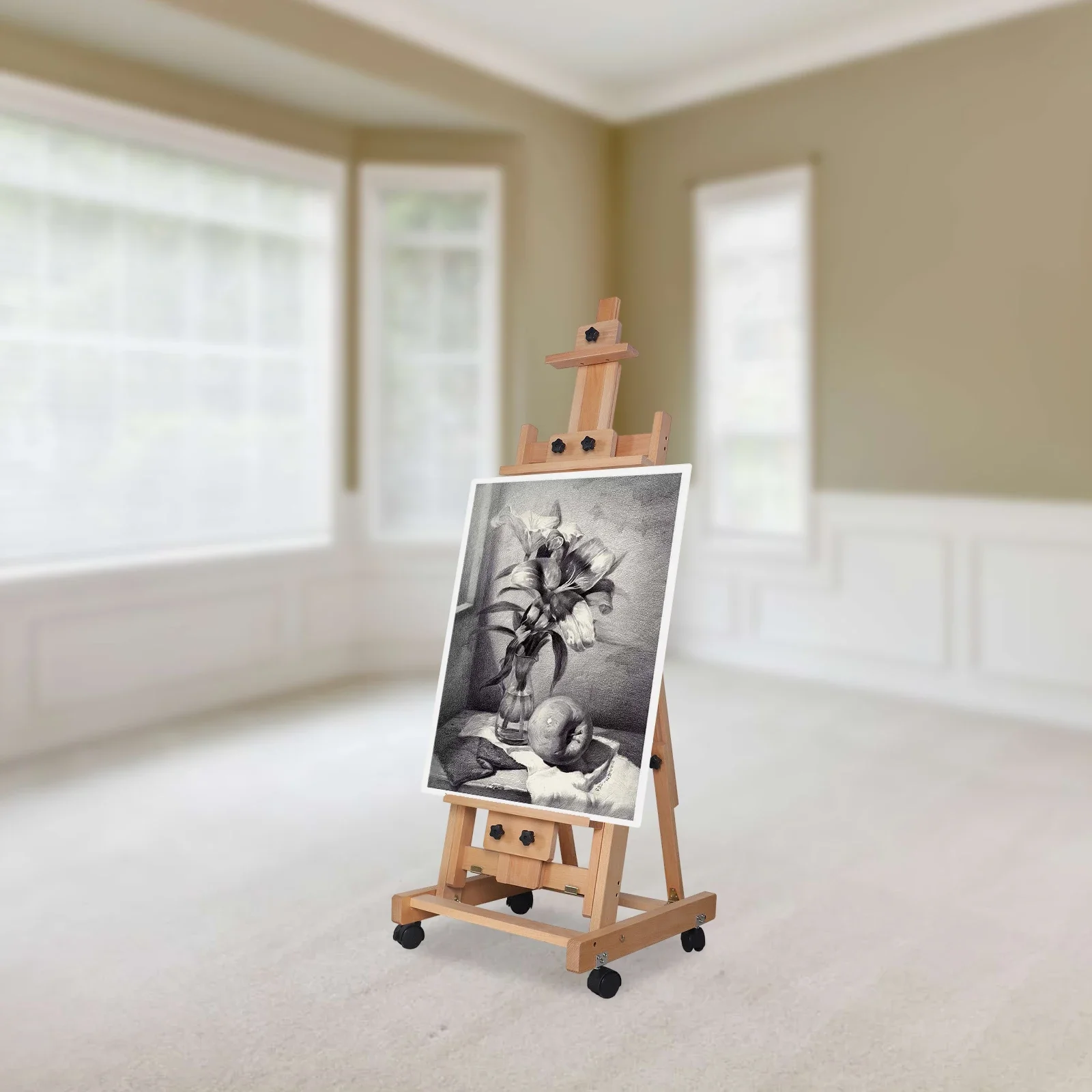 Adjustable Height Beech Studio Easel H-Frame, Wood Painting Easel for Oil, Painting Floor Easel Sketching Board with Wheels