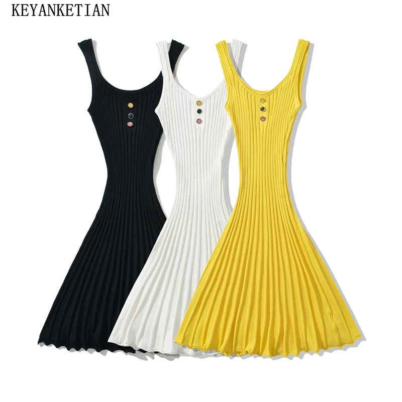 

KEYANKETIAN 2024 New Launch Women's Candy Color Knit Dress Summer Buttons Decoration Stretch Striped Sundress Sweet Mini Dress