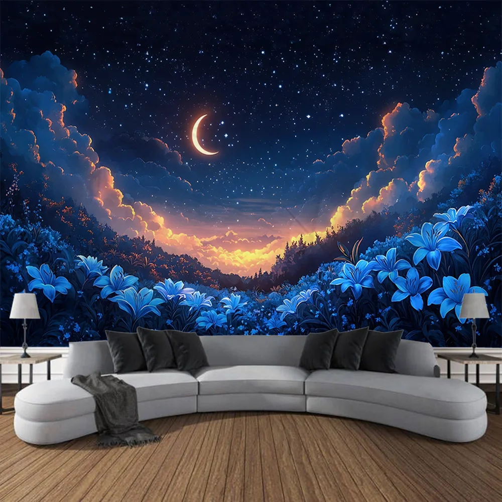 Tapestries of dreamy starry sky landscapes, moon stars, hippie home decor backgrounds, bedroom and dormitory wall hangings