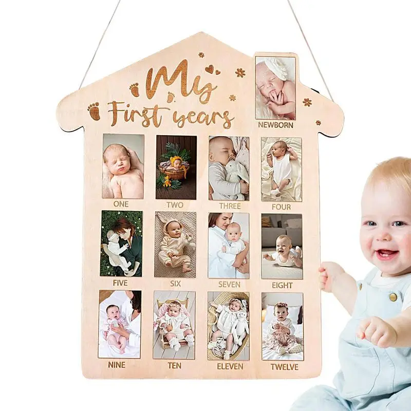 First Year Photo Display Board Wood Board Display Photo Banner For First Year To 12 Months Desktop Ornament For Boys Or Girls