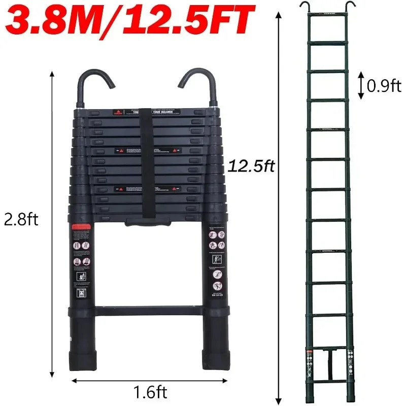 Escalera telescópica de aluminio de 12 pies con 2 ganchos de techo desmontables (2,8 pulgadas), escalera de extensión telescópica liviana para el hogar