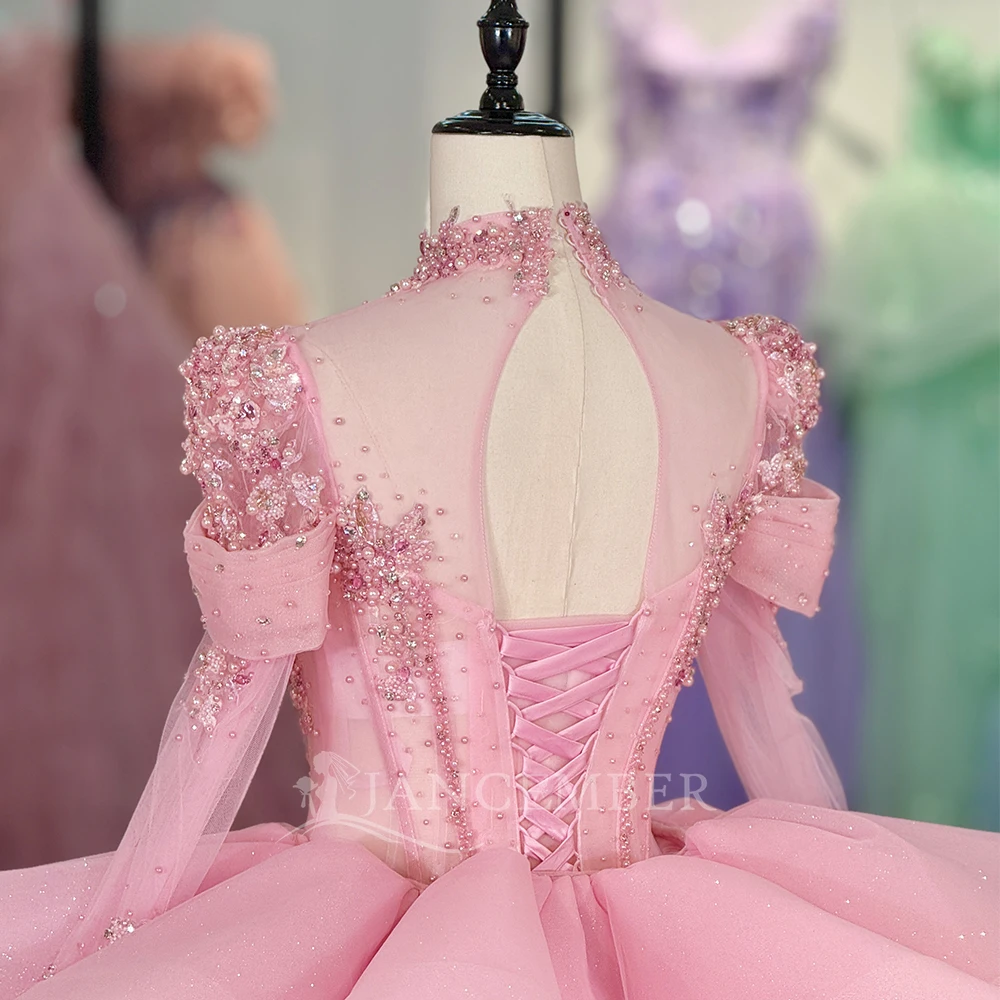 Customized Pink Shiny Ball Gown Princess Quinceanera Dresses High Collar Beads Applique Lace Bow Tiered vestido quinceañeras