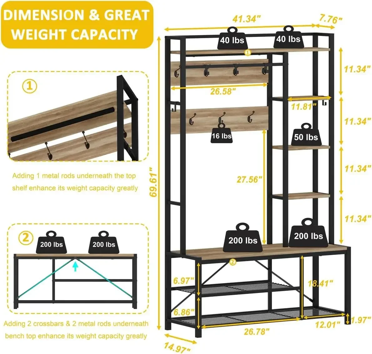 Mudroom Bench with Shoe Storage, Large Coat Rack Shoe Bench with 5 Tier Open Shelves, Adjustable Side Hooks