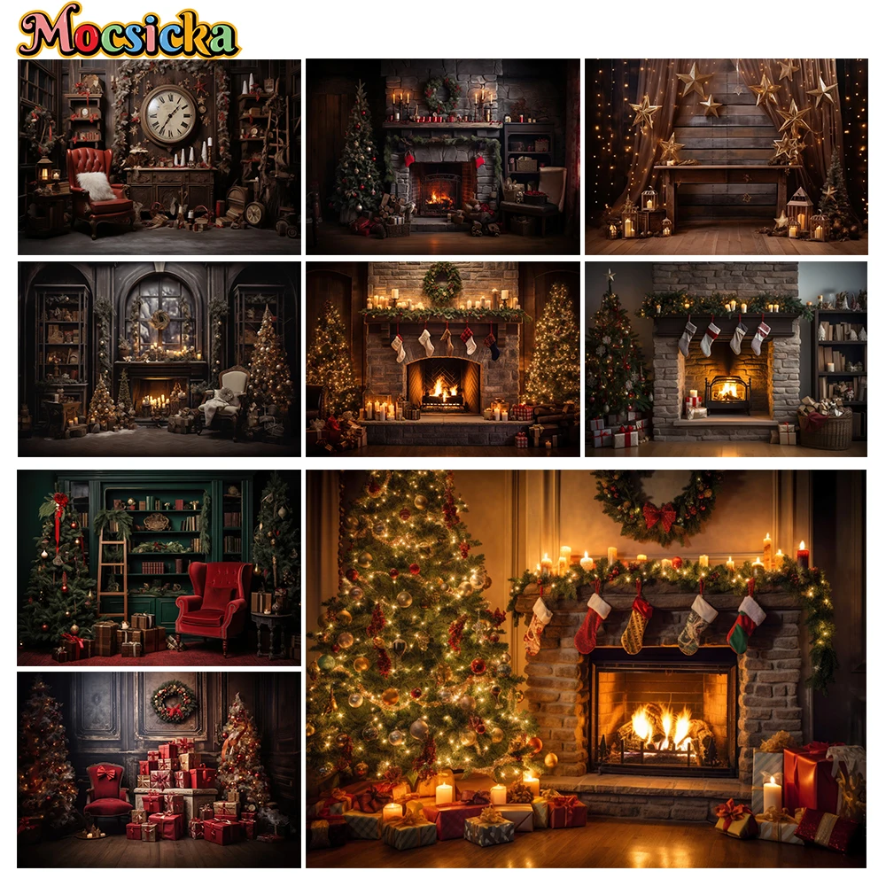 

Mocsicka Winter Christmas Photography Background Fireplace Xmas Tree Props Holiday Party Family Portrait Photo Backdrops Studio