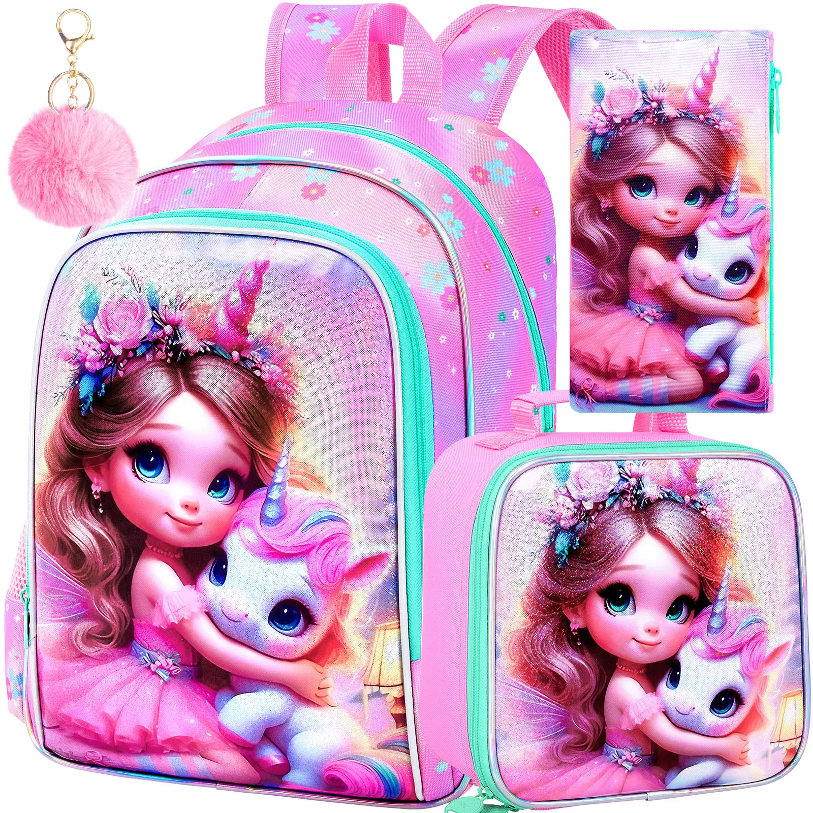 

gxtvo 3PCS Unicorn Backpack for Girls, 16" Kids Bookbag with Lunch Box, Water Resistant Elementary School Bag for Prechool Toddl