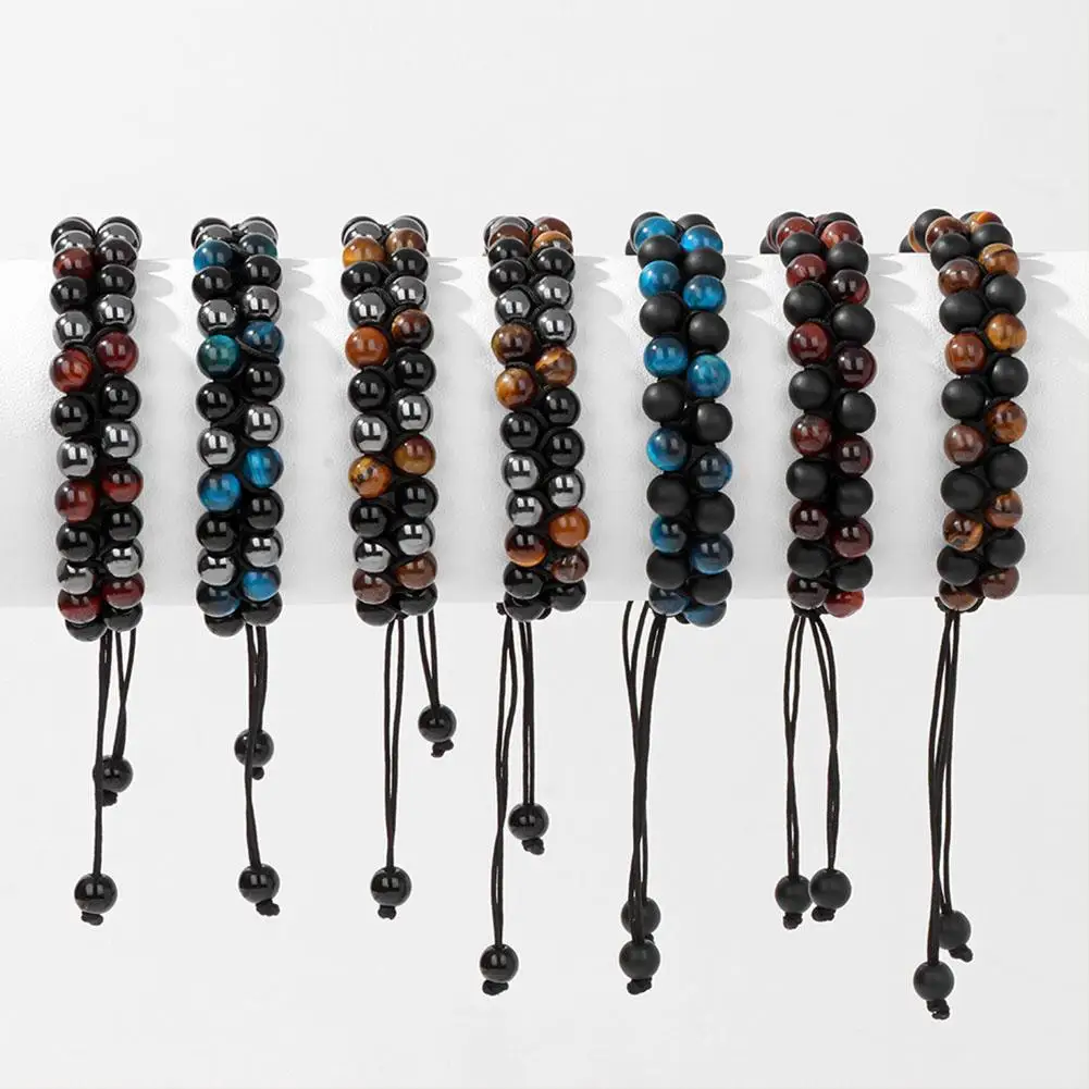 Gelang Perlindungan Tiga Baru 6Mm Manik-manik Mata Harimau Hitam Obsidian Hematit Gelang untuk Pria Wanita Gelang Pemberani Hombre S6S0