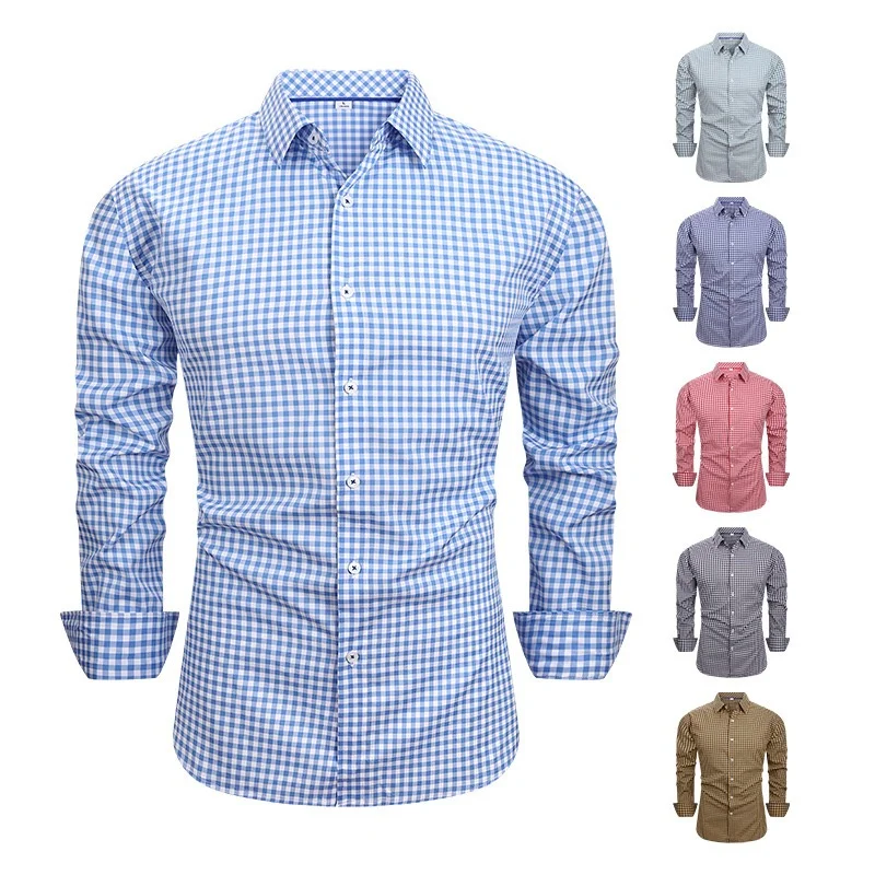 Camisa de manga larga para hombre, camisa de manga larga a cuadros, camisa informal de negocios con cuello ajustado, varios colores disponibles.