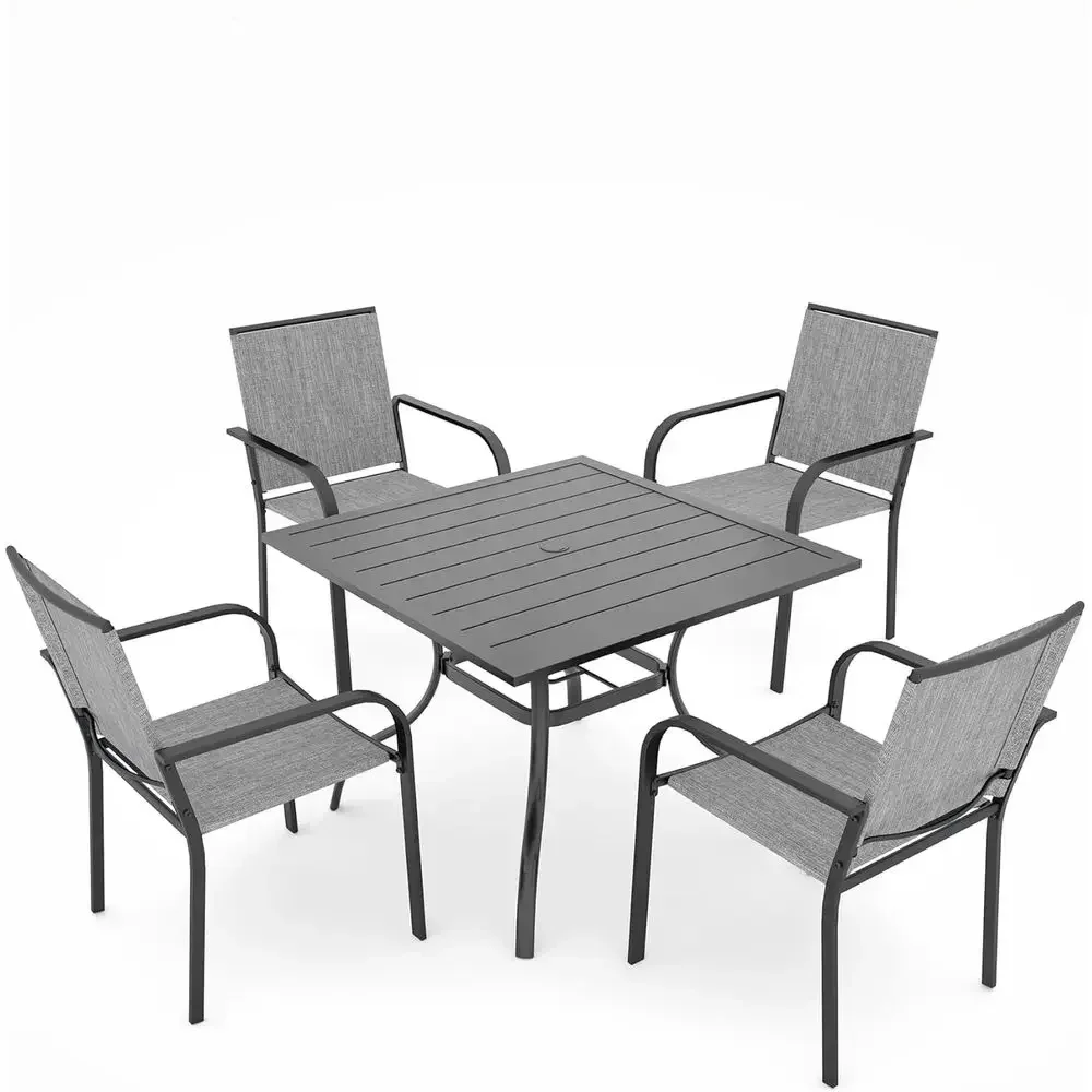 5-Piece Patio Dining Set with Square Table and 4 Stackable Sling Chairs for Outdoor Garden Deck