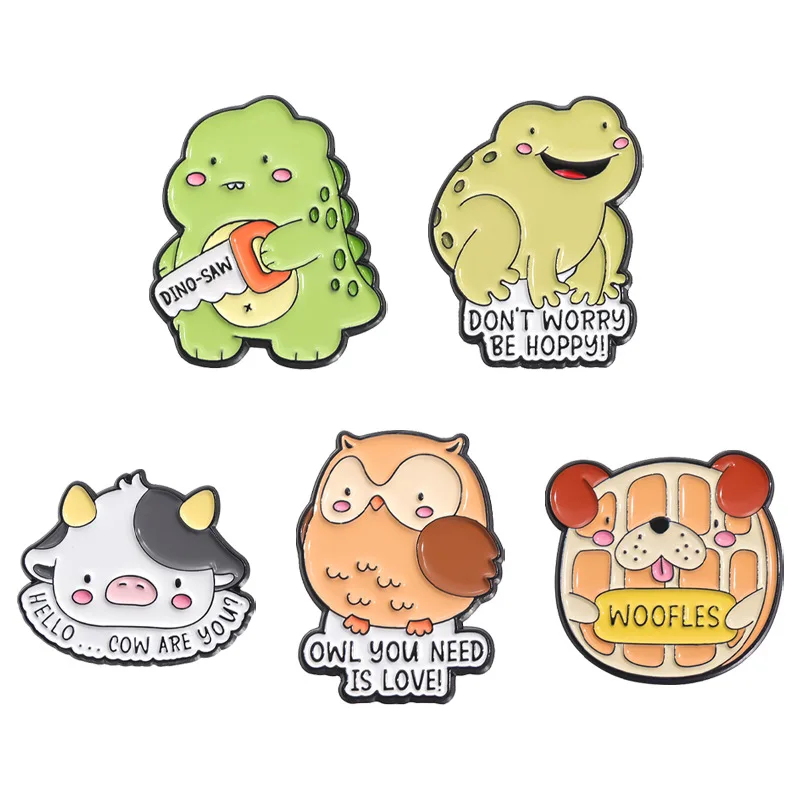 Funny Dianosar Frog Pig Owl Dog Enamel Pins Custom Brooches Lapel Badges Punk Gothic Jewelry Gift for Kids Friends