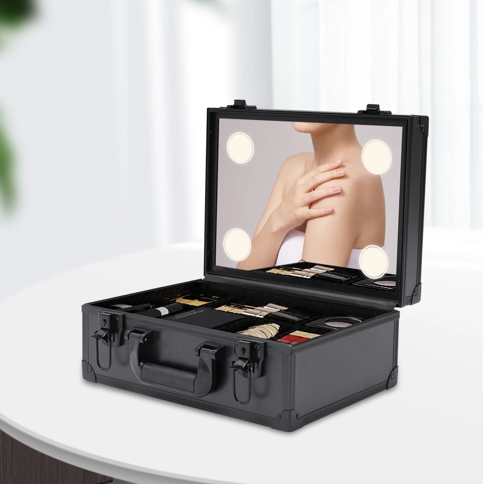 Touch Screen Cosmetic Organizer Box Make Up Case Makeup Train Case  35*25*15CM with Customized Dividers 4 LED lights and Mirror