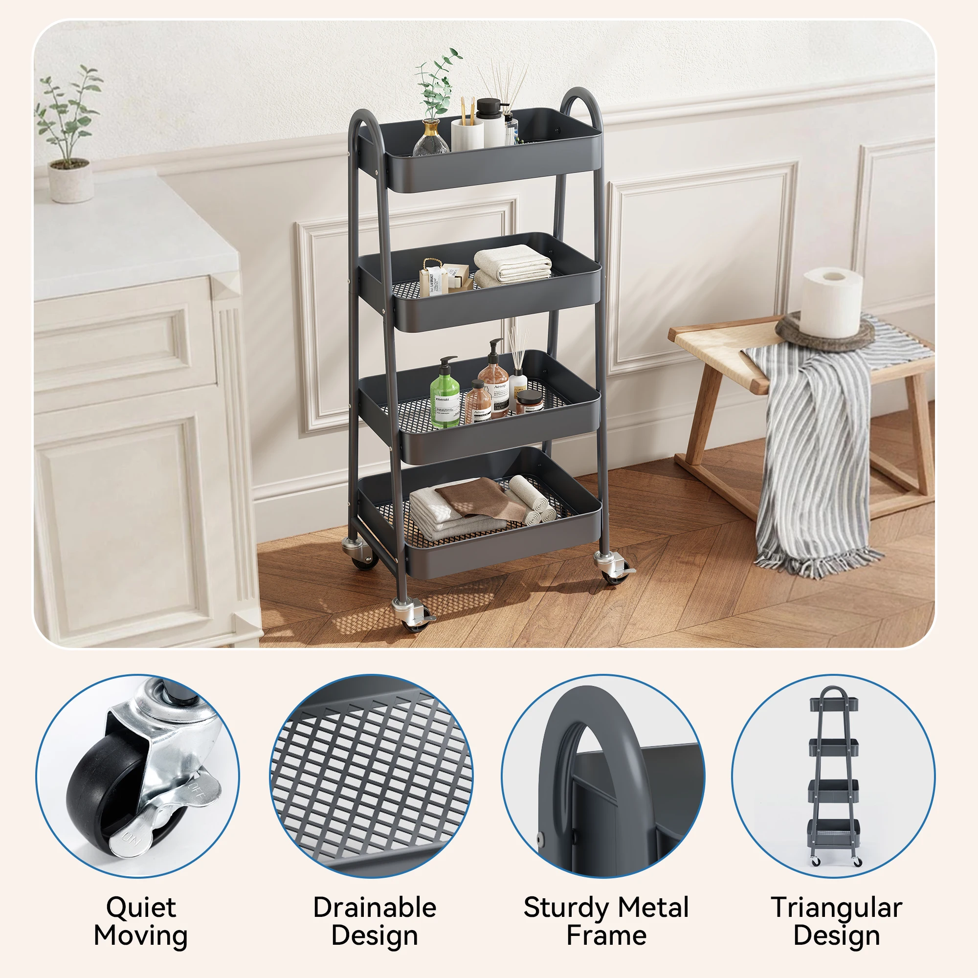 JHK 4 Tier Metal Storage Kitchen Cart with Lockable Wheels Mobile Shelving Unit Utility Rolling Organizer For Home Narrow Places image 3