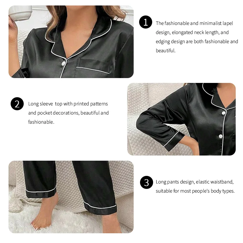 Women Satin Pajamas Autumn Long Sleeve Buttons Lapel Top & Pants Sleepwear 2 Piece Button-Down Pj Set Homewear Cozy Lounge Set