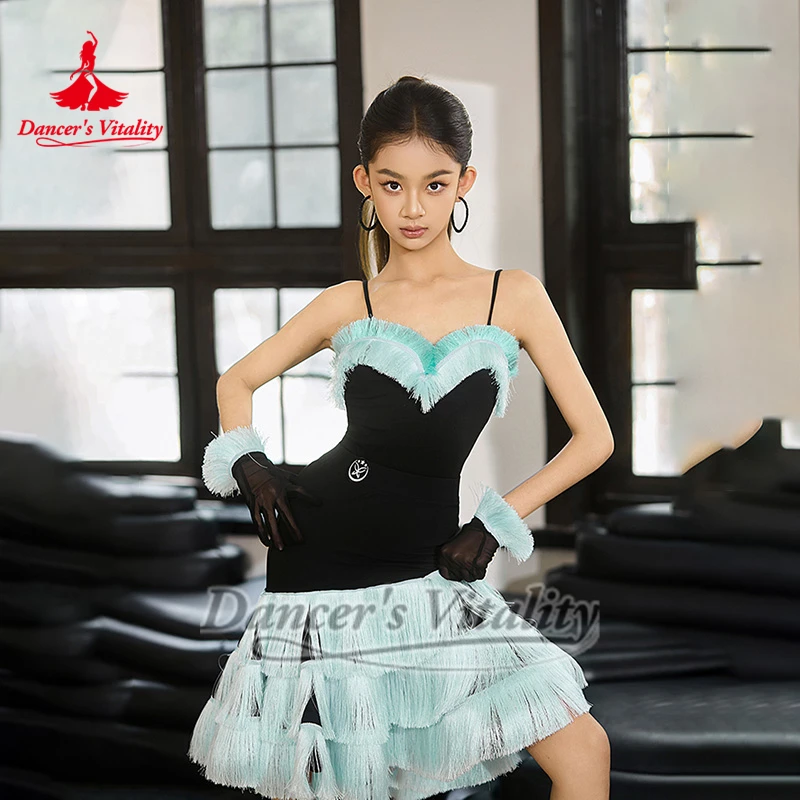 Ensembles d'entraînement et de spectacle avec pompons vert menthe pour filles, jupe à franges de danse latine sans manches, vêtements pour enfants, vitalité de danseuse