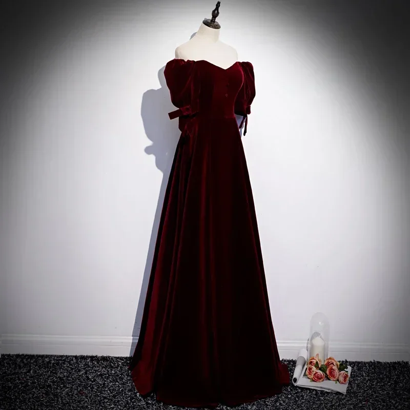 Customized Evening Dress Wine Red Velvet Plus size Off the Shoulder Short Sleeves Zipper A-line Floor-length Party Formal Gowns