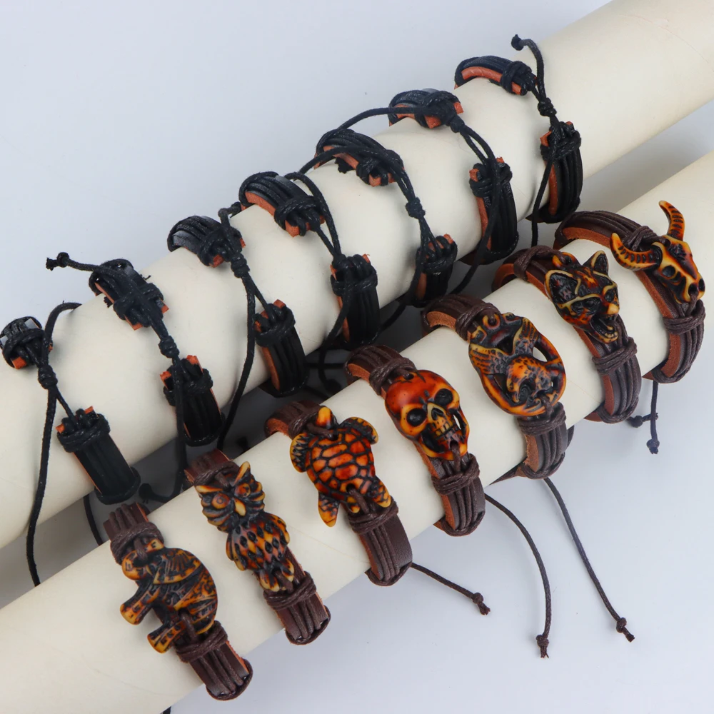 10 قطعة/الوحدة أزياء خمر تصميم جديد سحر الجلود الحيوان قابل للتعديل أساور الإسورة للنساء الرجال مزيج نمط مجوهرات حزب هدية #2