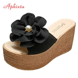 Aphixta 9cm obcasy slajdy perły kryształy aplikacje buty kobieta klapki klapki Wedge Heel platforma kobieta plaża Zapatos Mujer