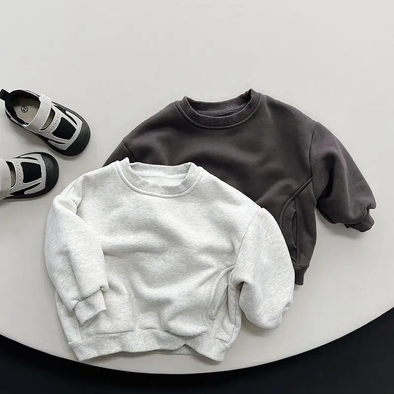 Sweat-shirt à Manches sulfpour Bébé Garçon et Fille, Vêtement Chaud et Décontracté en Velours, Couleur Unie, Nouvelle Collection Hiver 2024