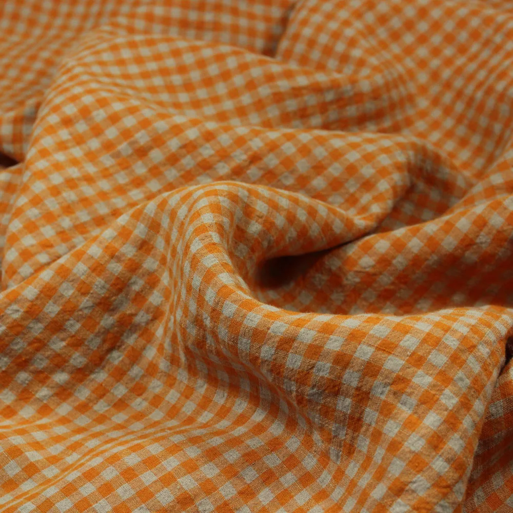 Orange Plaid Artistic Pure Linen Fabric Cheongsam Dress Shirt Clothing Pants Designer Fabric