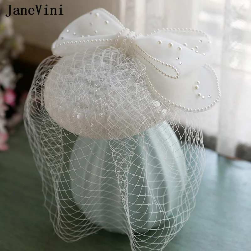 JaneVini-Sombrero de novia con lentejuelas blancas, con lazo de perlas, velo de malla con cuentas, sombreros de novia para fiesta de boda, Haar accesorios Voor Bruiloft 2022